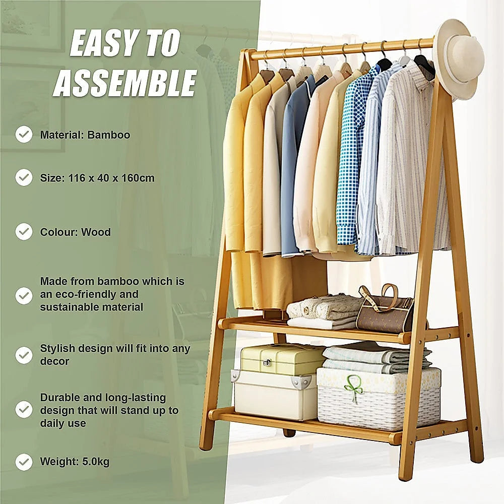 Portable Clothes Rack Coat Garment Stand - Bamboo Rail