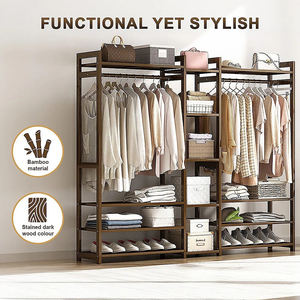 Portable Clothes Rack Coat Garment Stand - Bamboo Rail