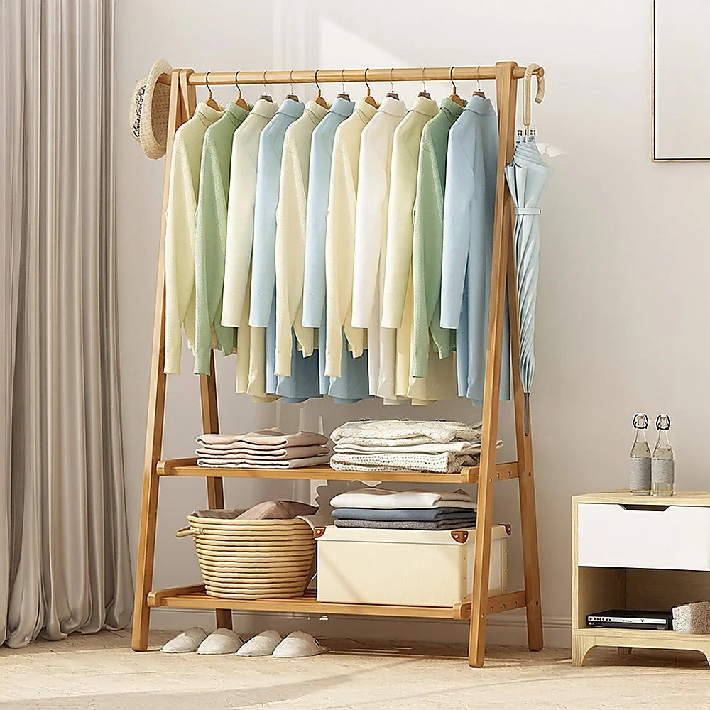 Portable Clothes Rack Coat Garment Stand - Bamboo Rail