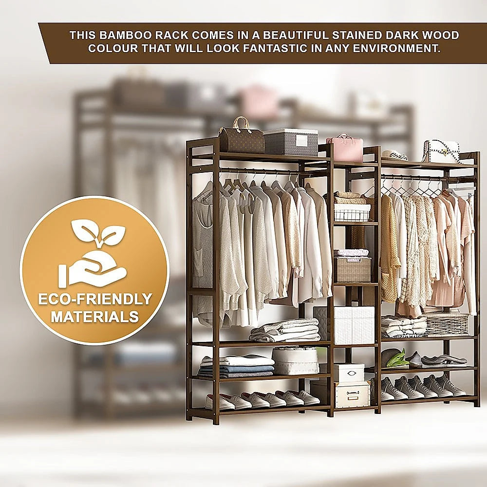 Portable Clothes Rack Coat Garment Stand - Bamboo Rail
