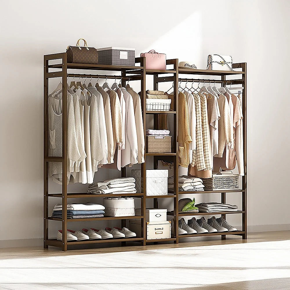 Portable clothes rack with display shelves and upright posts