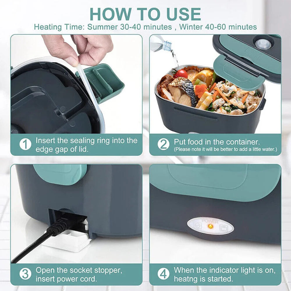 Electric lunch box with lower support frame and fitted legs