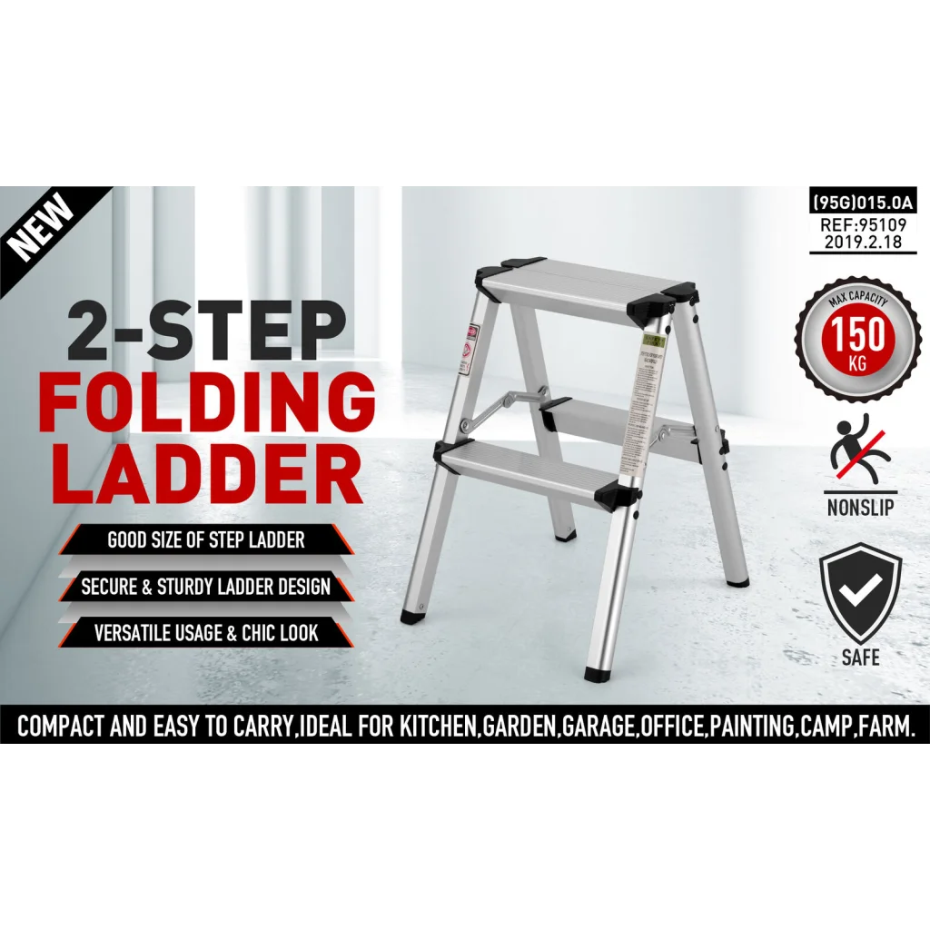 Portable Folding Ladder 2-Step Aluminum Frame Lightweight