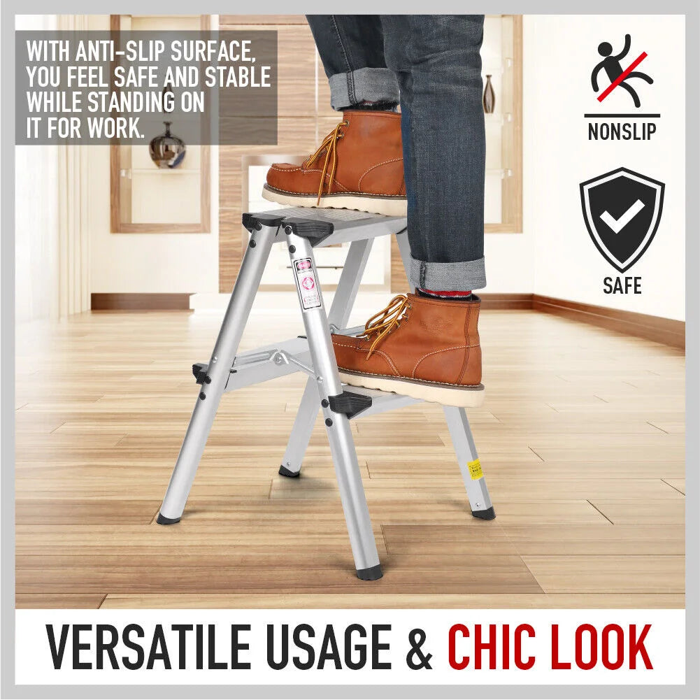 Portable Folding Ladder 2-Step Aluminum Frame Lightweight