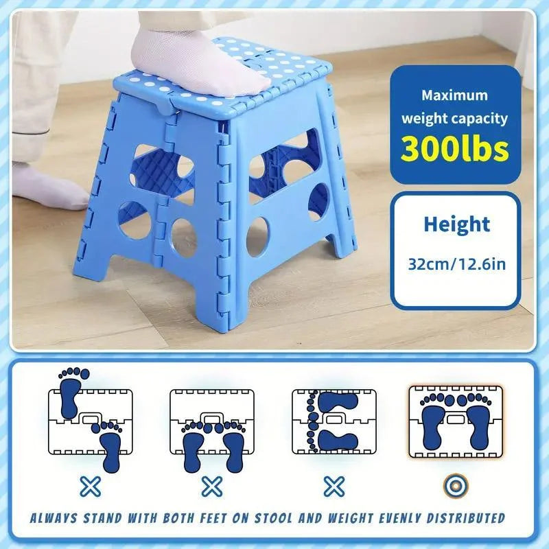 Blue plastic folding stool with compact camp stool and circular base