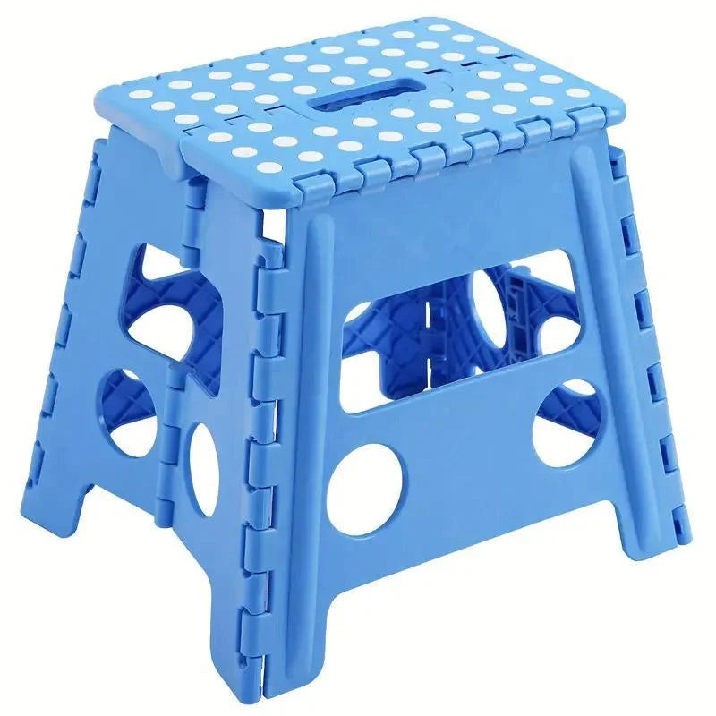 Blue plastic folding stool with telescopic stool body and round seat top
