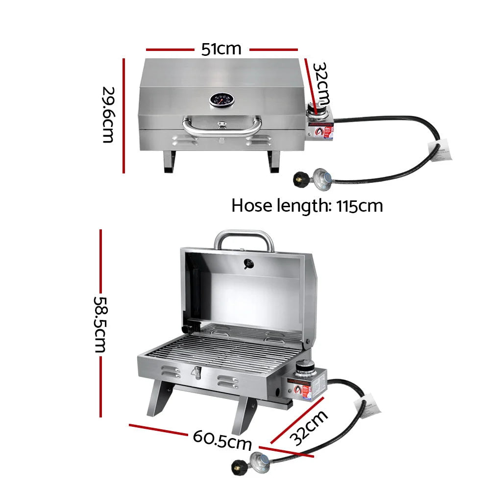 Portable gas bbq with storage shelves and support legs