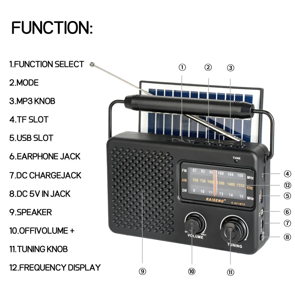Portable Solar Powered 3-Band AM/FM/SW Radio with Bluetooth
