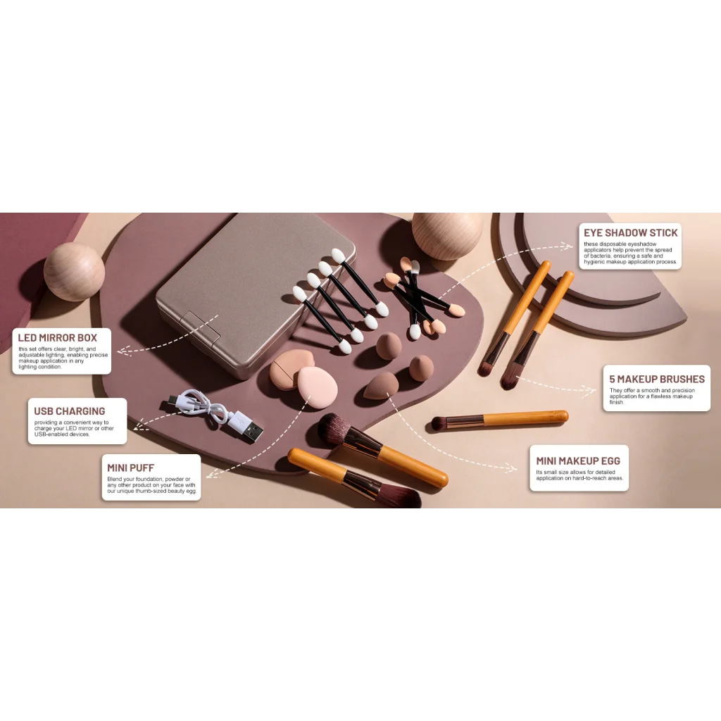 Portable Travel Makeup Brush Set with LED Mirror