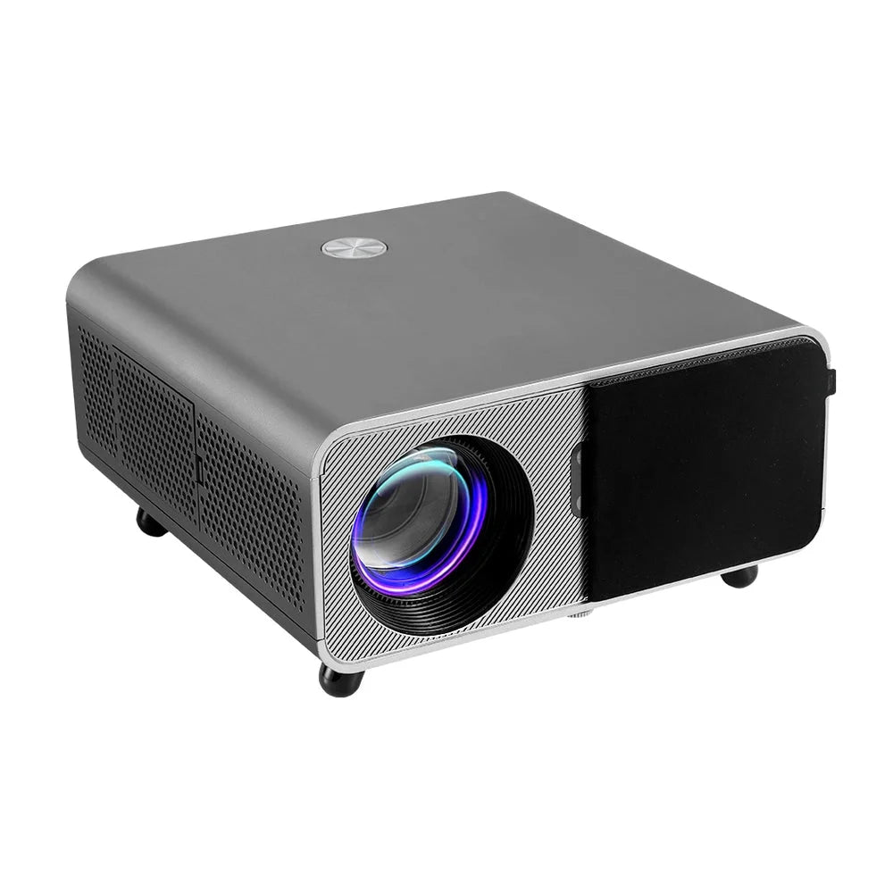 Video projector with front lens and top control buttons