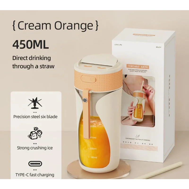 Portable Wireless Juicing Cup - 450ml 6-Blade Ice Crusher