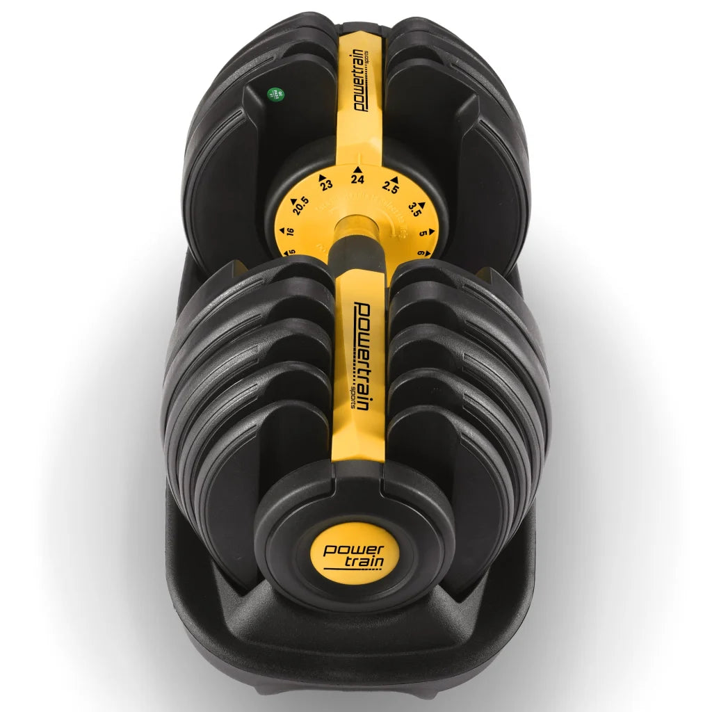 Gold 24kg powertrain adjustable gym with shape details and included parts