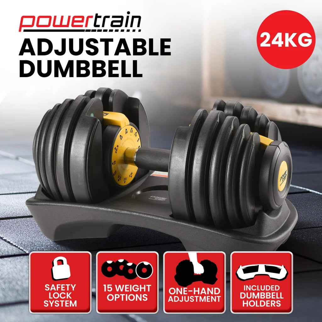 Gold 24kg powertrain adjustable gym with colour and construction cues