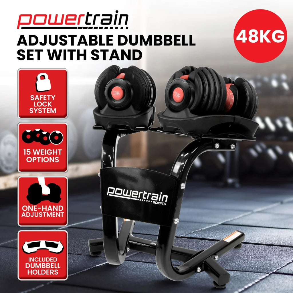 Powertrain 2x 24kg Adjustable Dumbbells with Stand - Sports