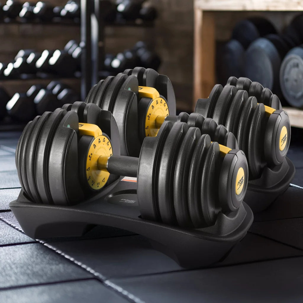 Gold 48kg powertrain adjustable dumbbell with attachment points and product body