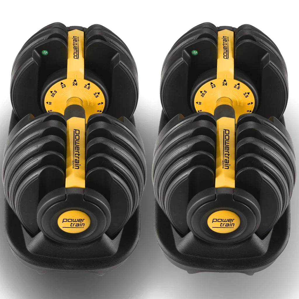 Gold 48kg powertrain adjustable dumbbell with colour and construction cues