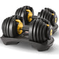 Gold 48kg powertrain adjustable dumbbell with storage context and item proportions