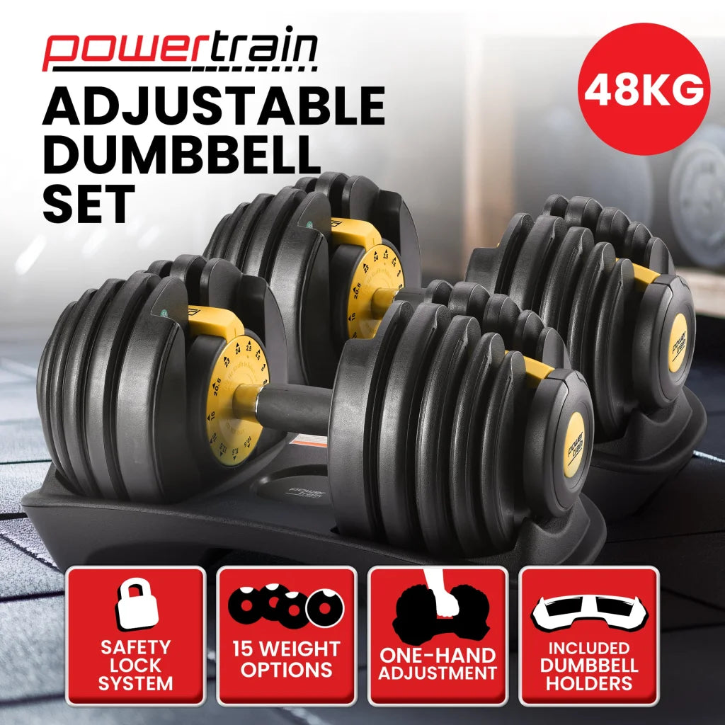 Gold 48kg powertrain adjustable dumbbell with useful parts and product scale