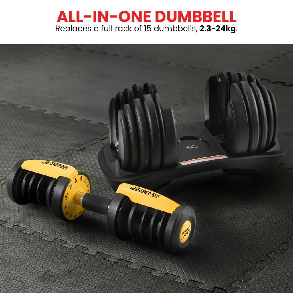 Powertrain 48KG Adjustable Dumbbell Set With Stand - Gold