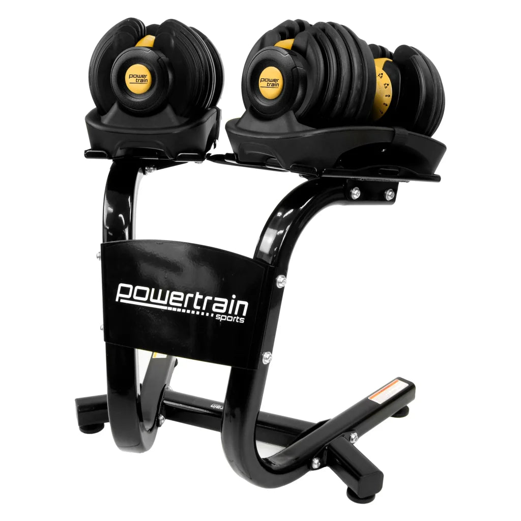 Gold 48kg powertrain adjustable dumbbell with size cues and product form