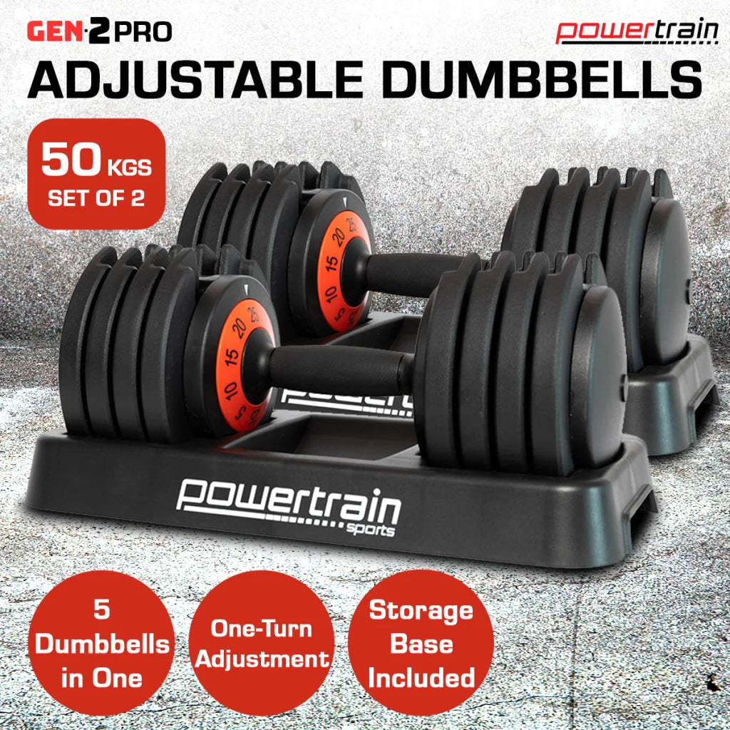 Powertrain GEN2 Pro Adjustable Dumbbell Set - 50kg - Sports
