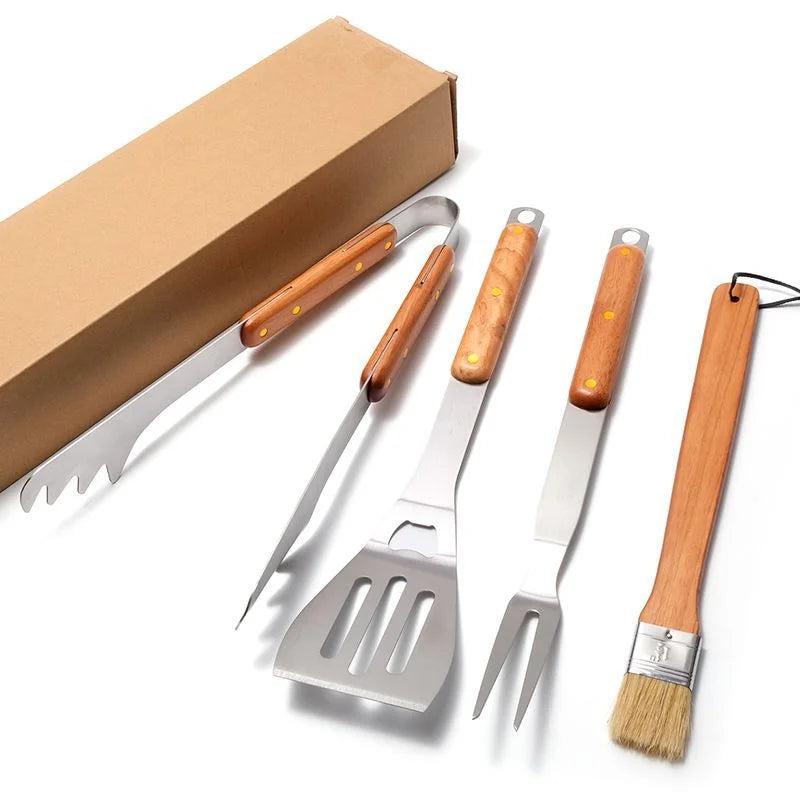 Premium 4-Piece BBQ Tool Set with Rubberwood Handles