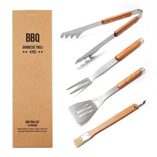 Premium 4-Piece BBQ Tool Set with Rubberwood Handles