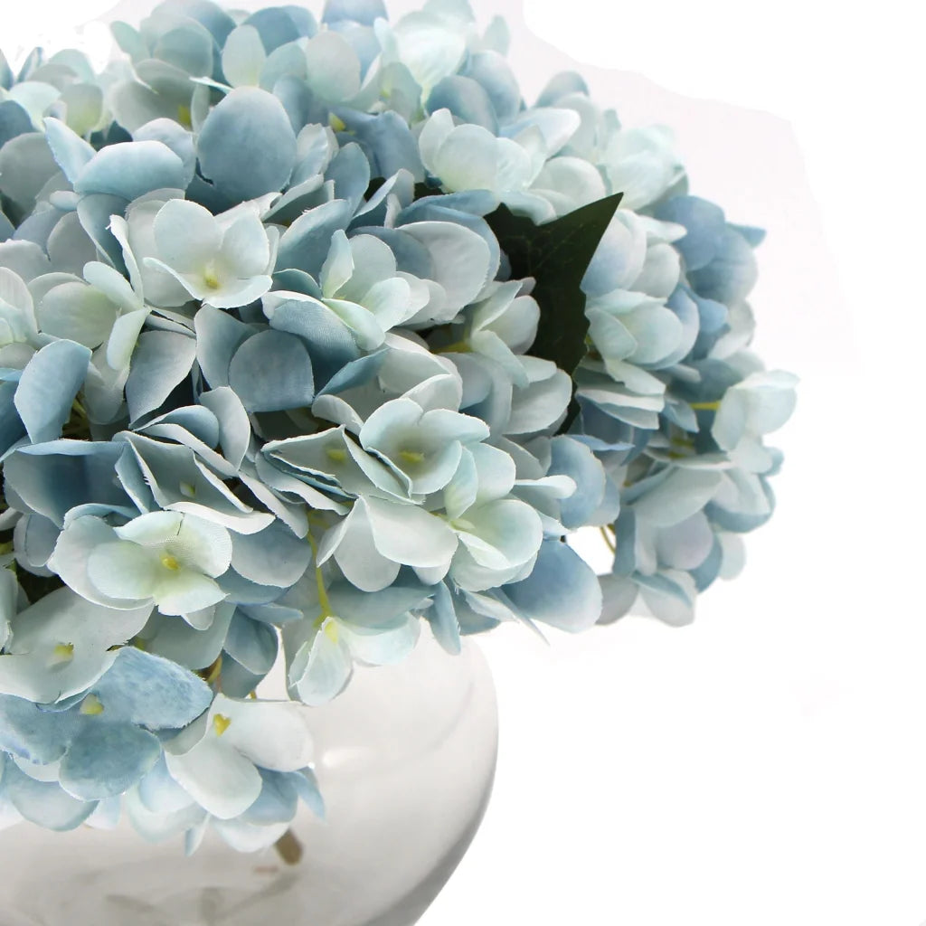 Premium Faux Hydrangea Artificial Flowering Blue with Glass