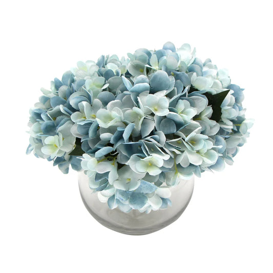 Premium Faux Hydrangea Artificial Flowering Blue with Glass