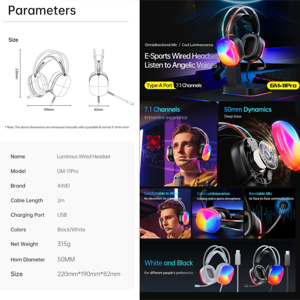 Pro Luminous Wired Headphones 2M Cable - Black