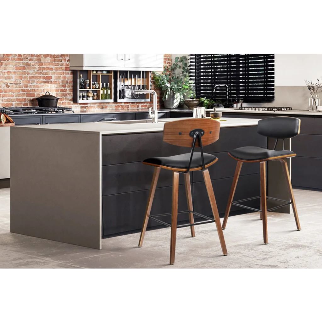 PU Leather Bar Stools (Set of 2) Circular Footrest Black