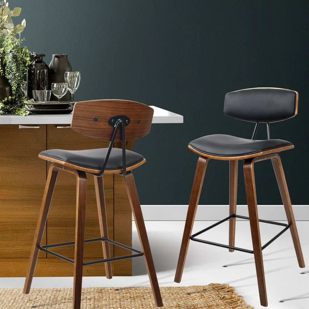 PU Leather Bar Stools (Set of 2) Circular Footrest Black