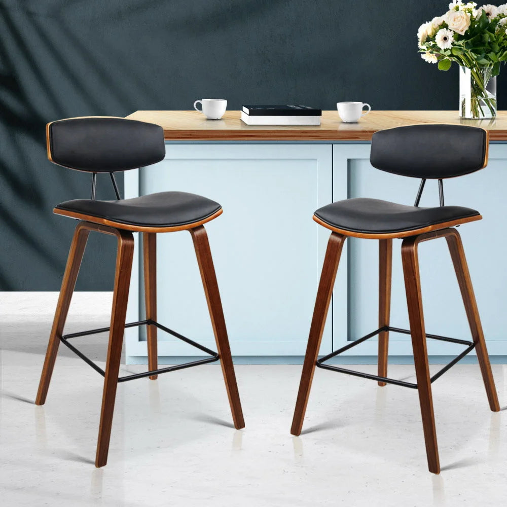 PU Leather Bar Stools (Set of 2) Circular Footrest Black