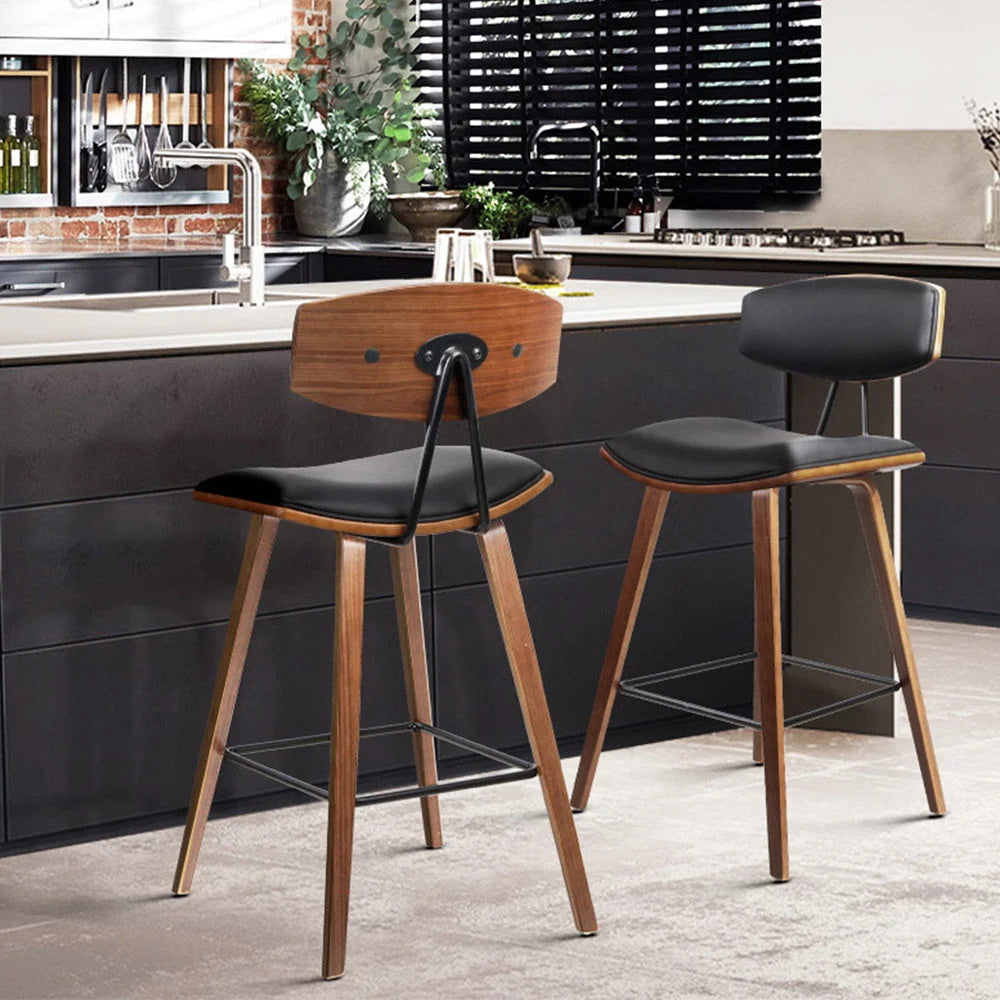 PU Leather Bar Stools (Set of 2) Circular Footrest Black