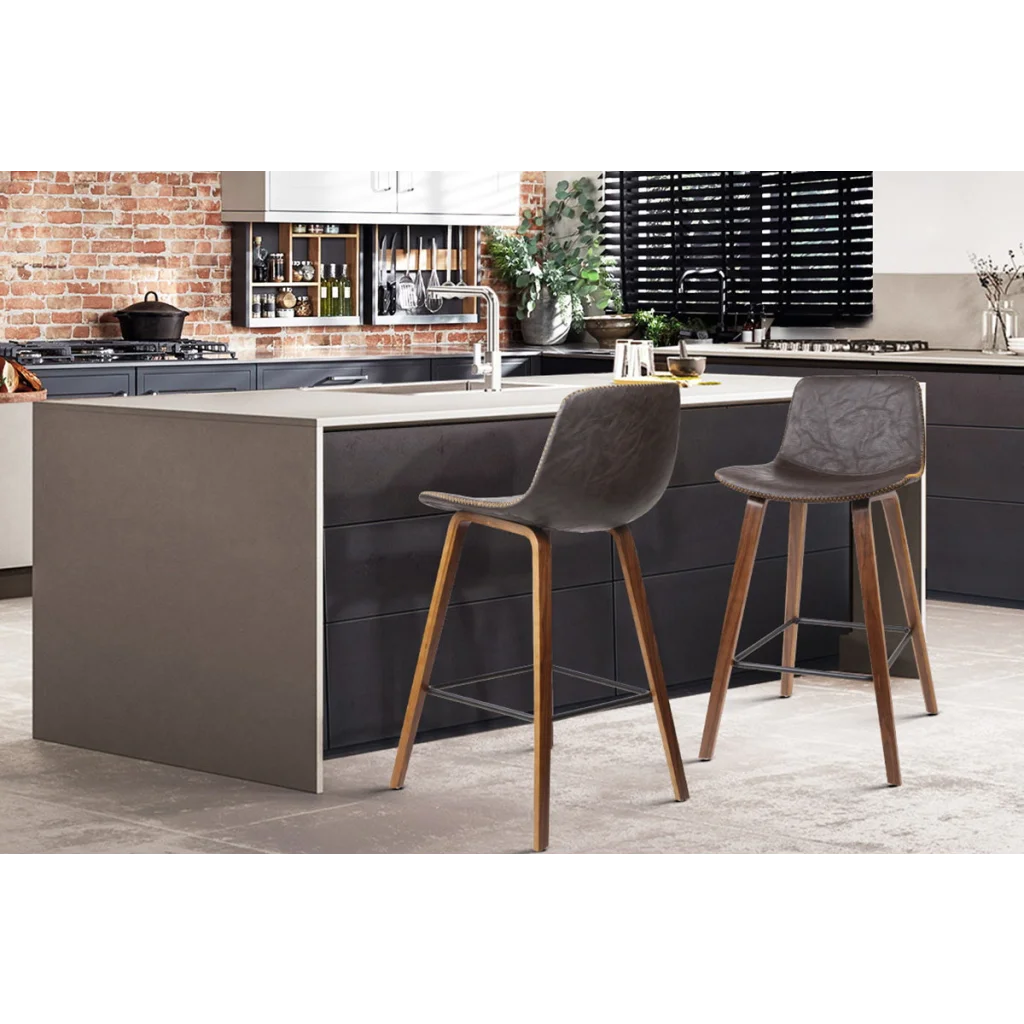 PU Leather Bar Stools (Set of 2) Square Footrest Wood/Brown