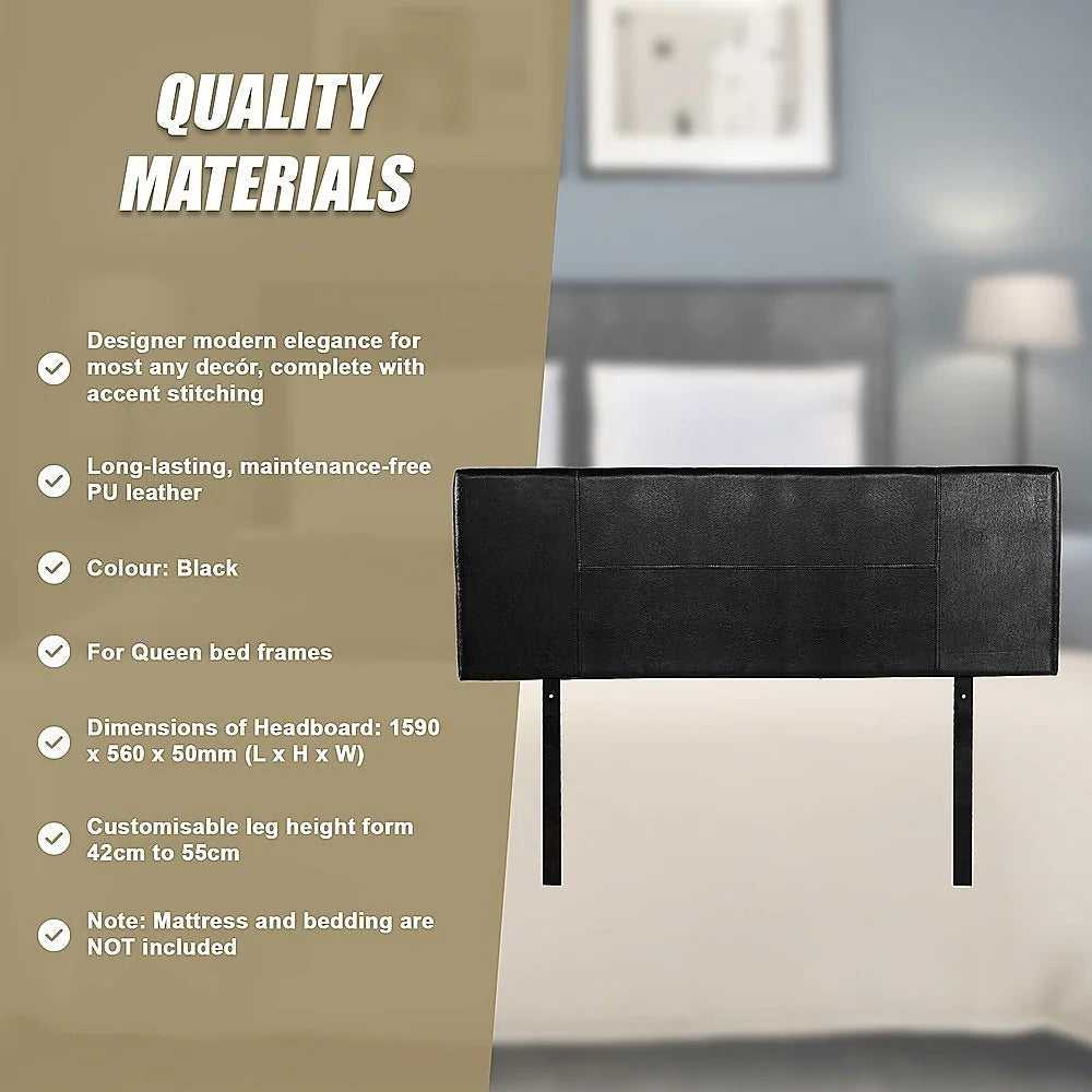PU Leather Bed Headboard Bedhead Queen - Black - Bedroom
