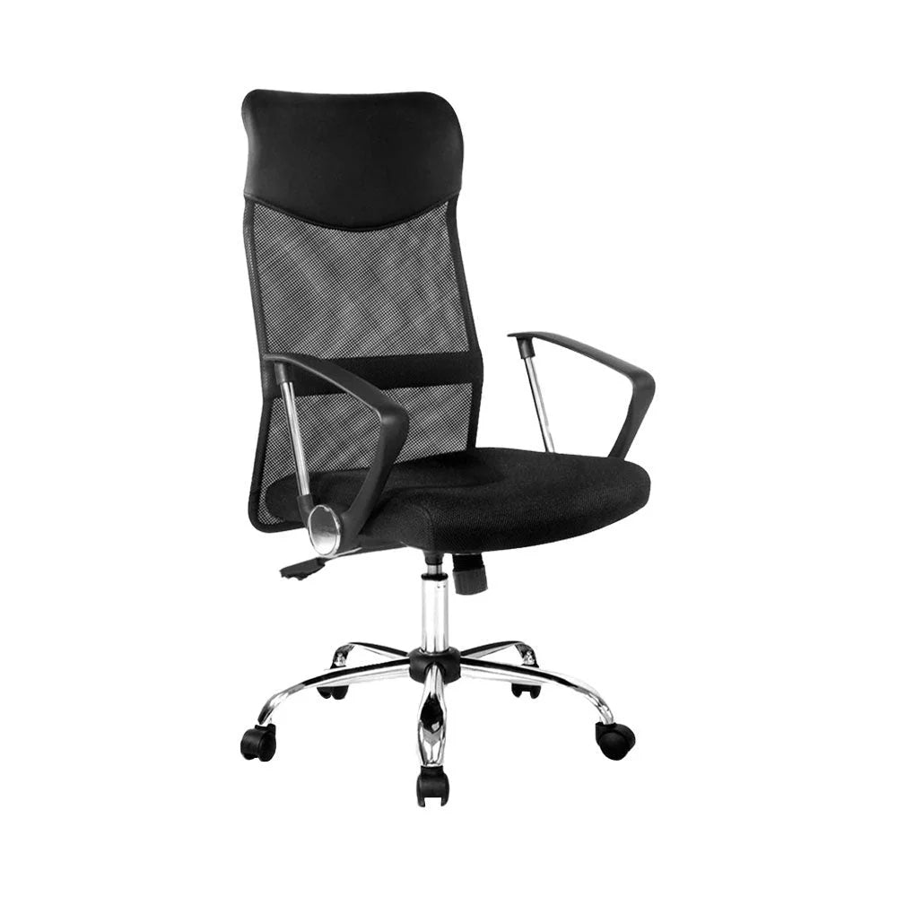 Black leather office chair with padded seat and sturdy metal frame
