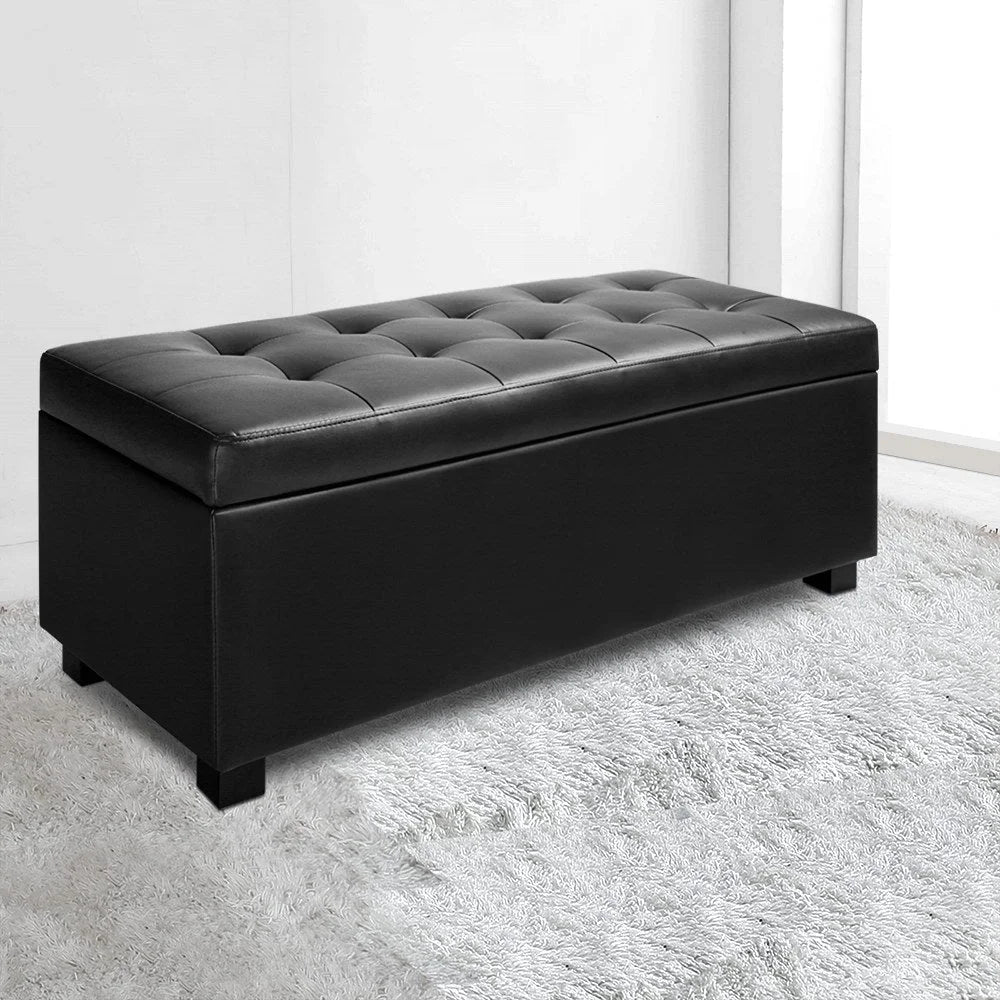 PU Leather Ottoman Storage Black - Bedroom