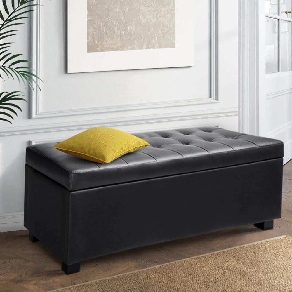 PU Leather Ottoman Storage Black - Bedroom