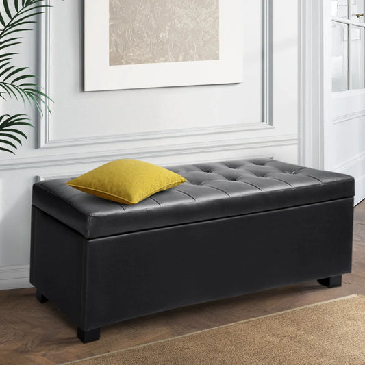 PU Leather Ottoman Storage Black - Bedroom