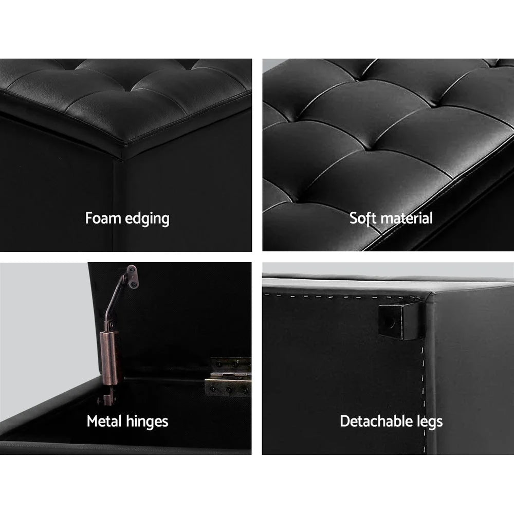PU Leather Ottoman Storage Black - Bedroom