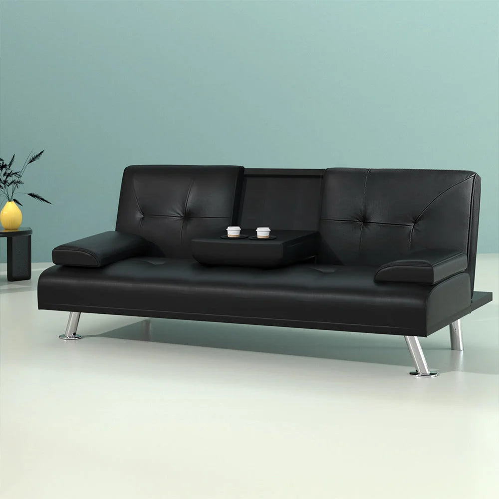 PU Leather Sofa Bed 3 Seater - Black - Sofa Beds