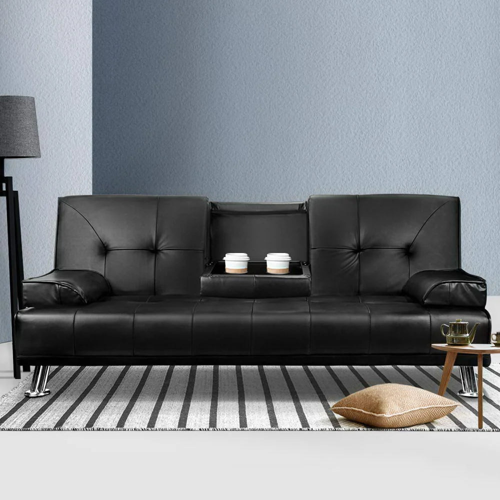 PU Leather Sofa Bed 3 Seater - Black - Sofa Beds