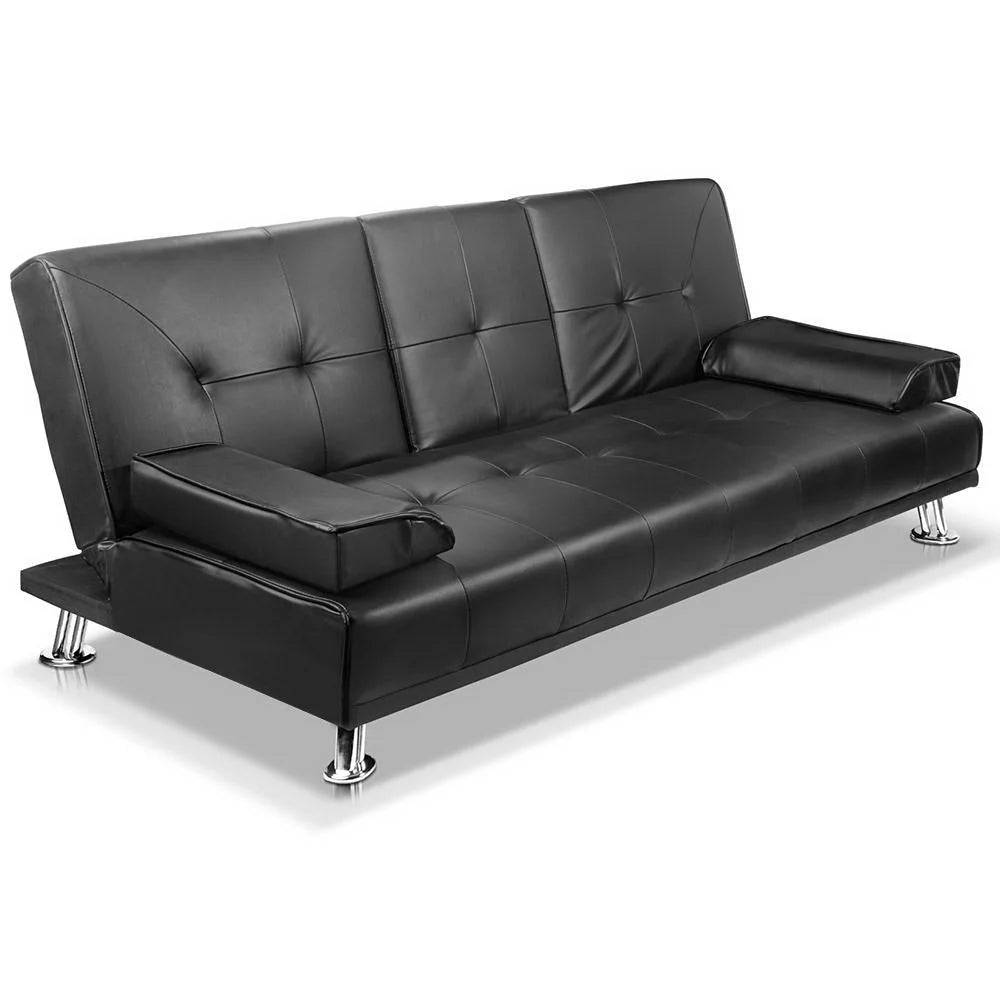 PU Leather Sofa Bed 3 Seater - Black - Sofa Beds
