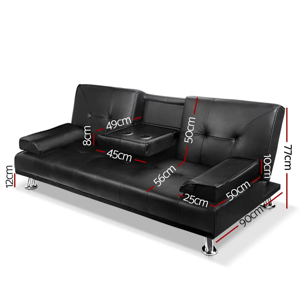 PU Leather Sofa Bed 3 Seater - Black - Sofa Beds