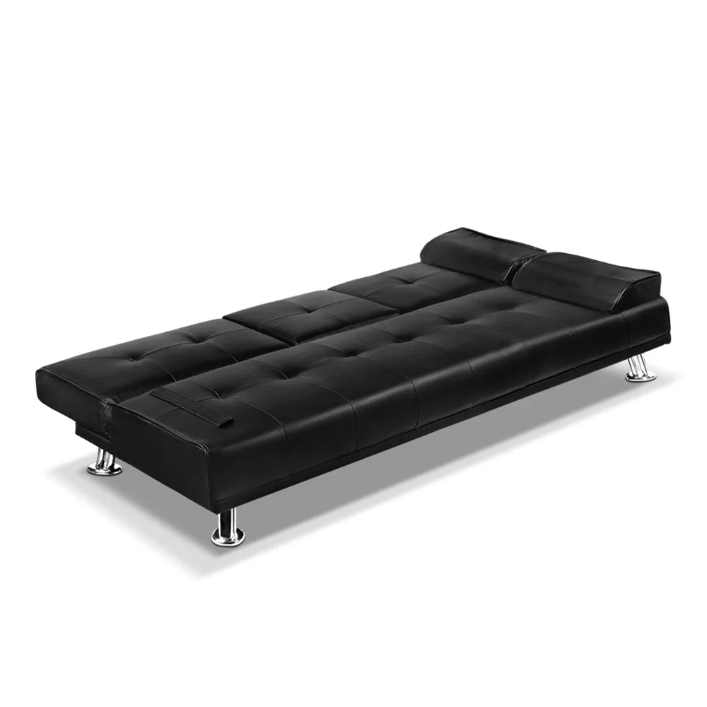 PU Leather Sofa Bed 3 Seater - Black - Sofa Beds