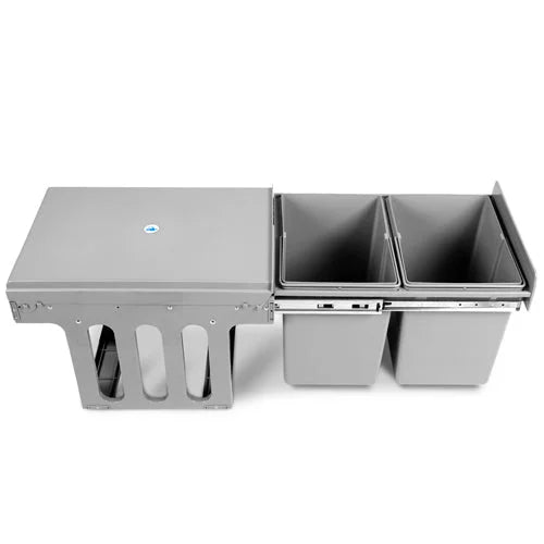 Grey 15l pull out bin with caster wheels and side handle rail