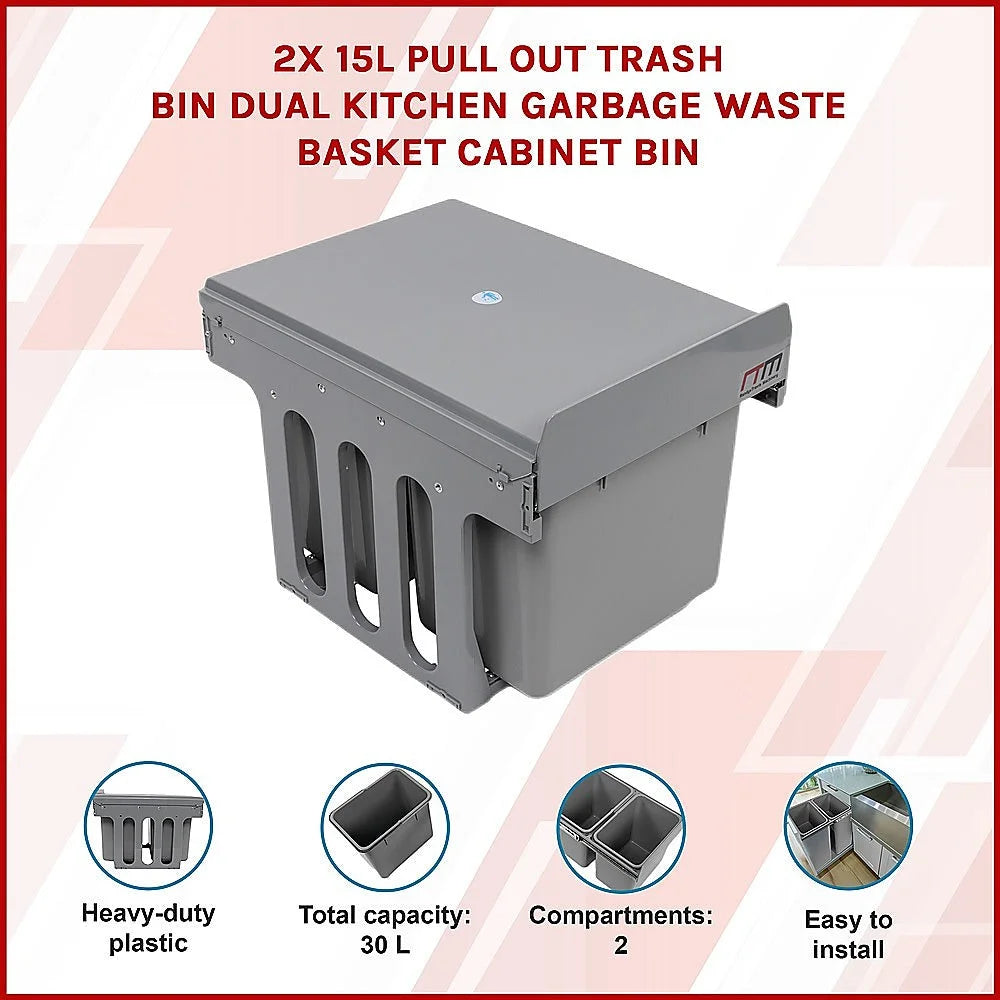 Pull Out Trash Bin Set of 2 15L Dual Kitchen Garbage Waste