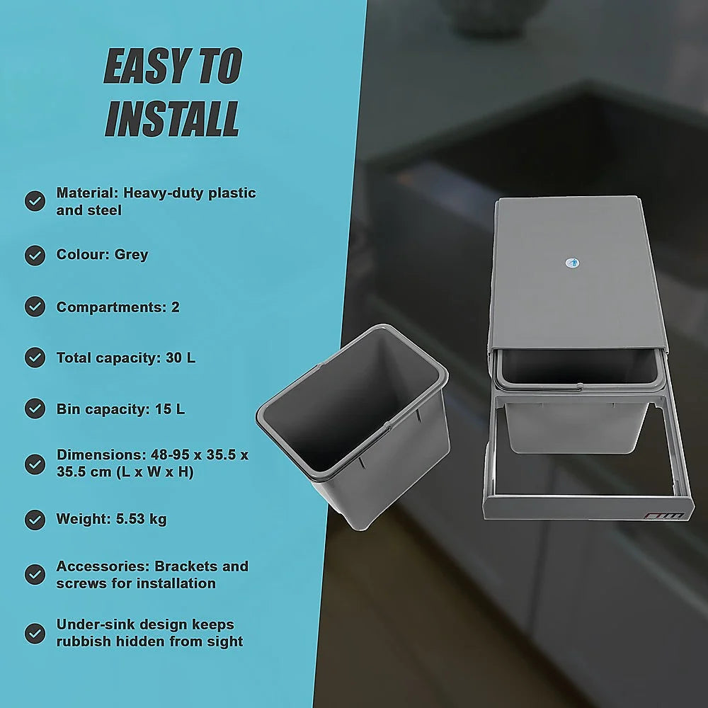 Pull Out Trash Bin Set of 2 15L Dual Kitchen Garbage Waste
