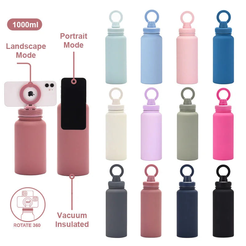 Purple 1L Stainless Steel Water Bottle with Magnetic Phone Holder Lid